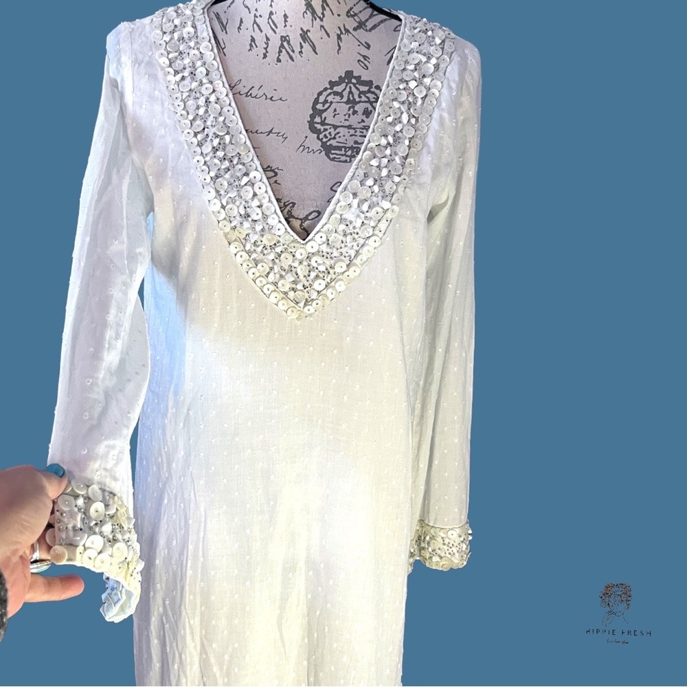 Elizabeth Hurley Beach White Swim Cover Tunic w Mother of Pearl Buttons/Beads M